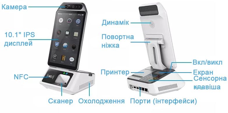 Сенсорный киоск, платежный терминал для ресторана Android 10.1" с принтером чеков, сканером штрих-кодов + Wi-Fi + Bluetooth + NFC. Выставочный образец